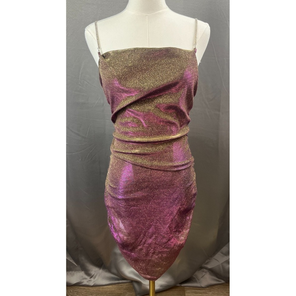 Pink Green Shimmer Bodycon Ruched Mini Dress Rhinestones Straps Size Small